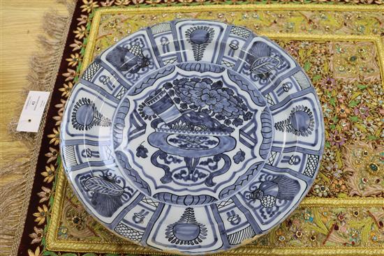 Two Delft blue and white dishes, late 17th century, 34 and 36cm, faults
